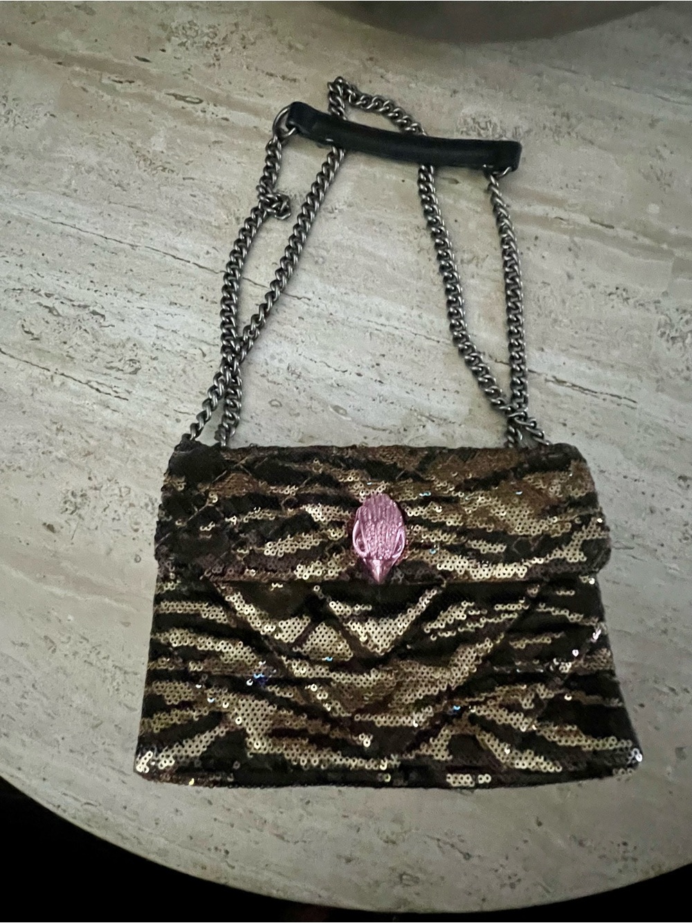 Sequined Zebra Print Crossbody Bag with Pink Accent